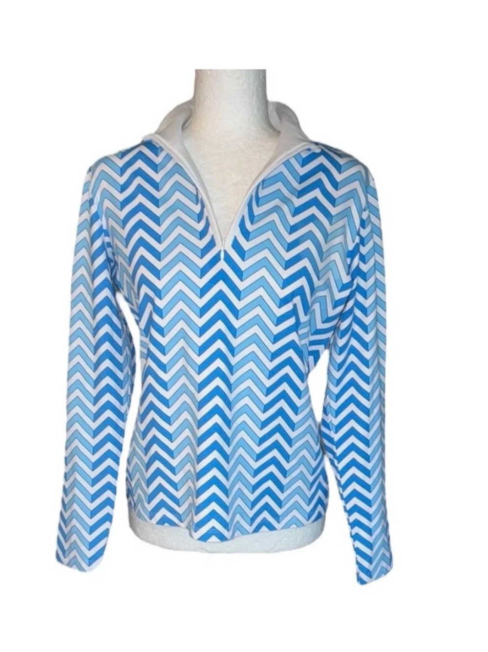 J. McLaughlin Ace Blue & White Chevron Zigzag Print Quarter-Zip Pullover - Picture 2 of 5